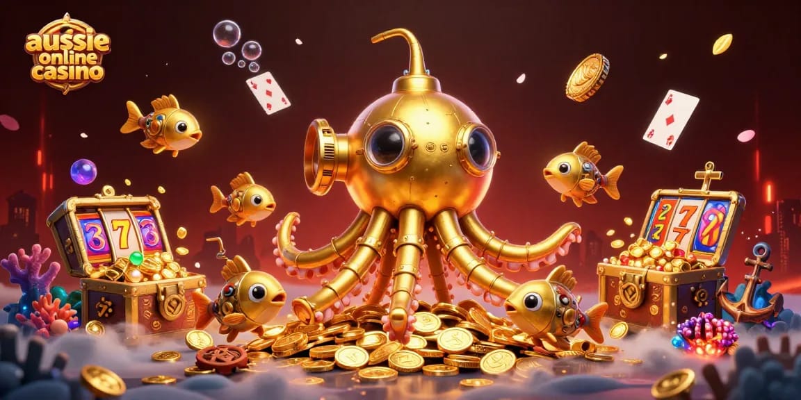 Aussie online casino features a golden kraken submarine surrounded by colorful slot reels amidst golden coins.
