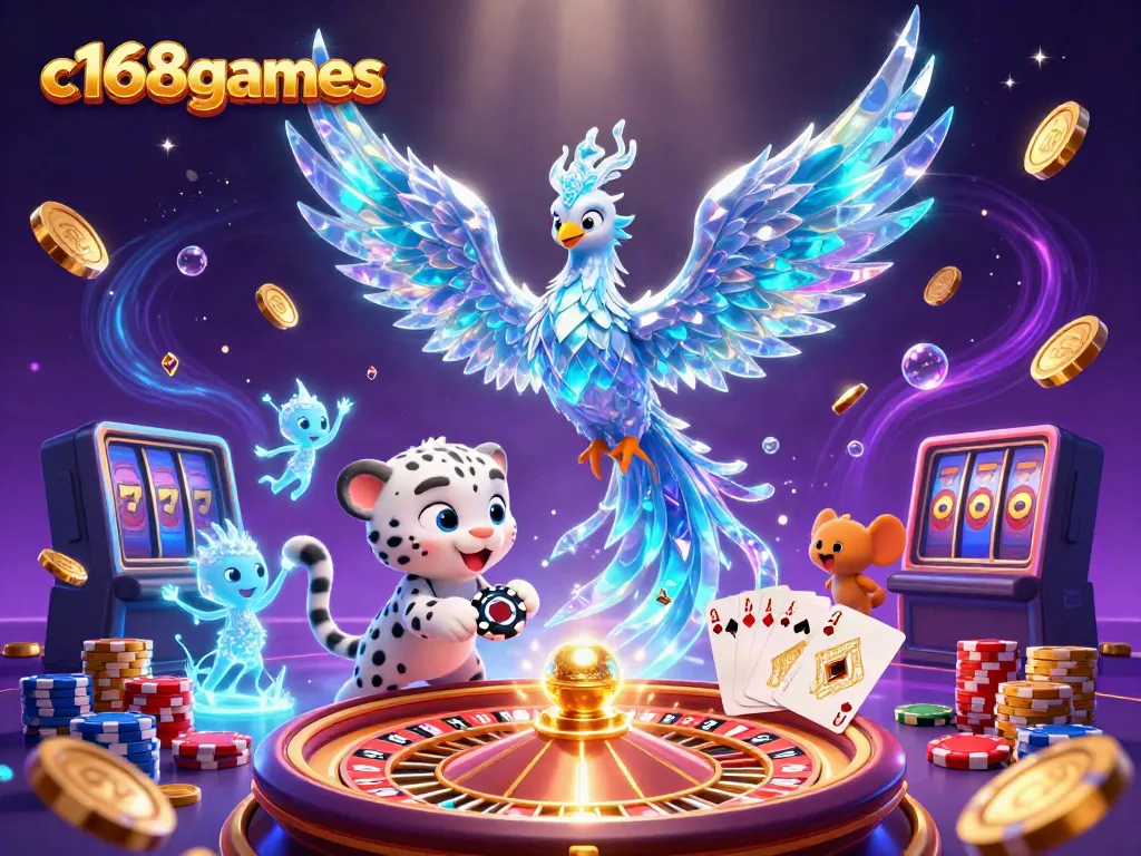 Experience wins with c168games' magical 3D casino scene featuring an ice phoenix and poker elements.