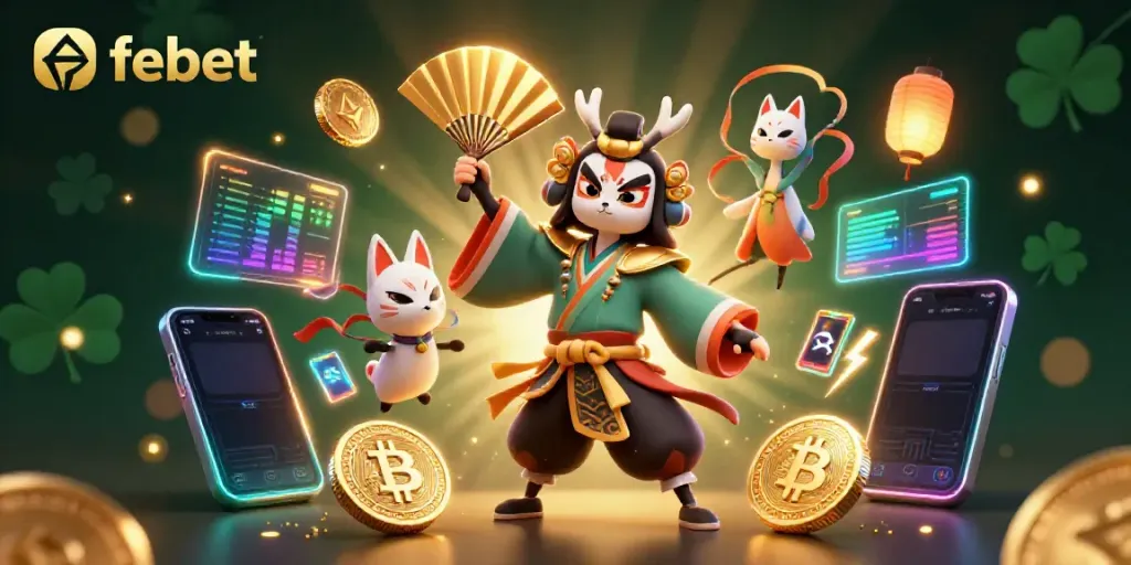 Experience vibrant interactions at febet with kabuki warriors and crypto elements in this engaging digital art.