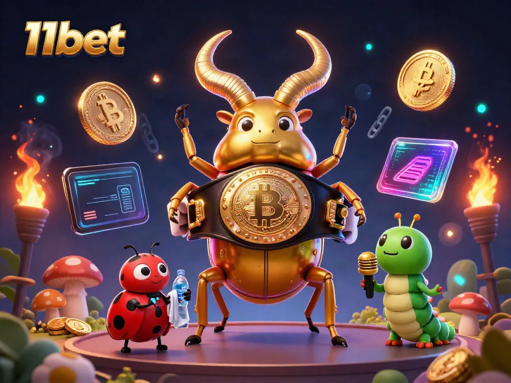 Experience thrilling gameplay with 11bet, symbolized by a giant beetle champion in a dynamic casino scene.