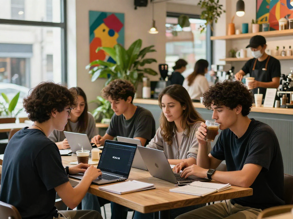 Group enjoying coffee and gaming at a vibrant café, ROKOK 88 highlighted