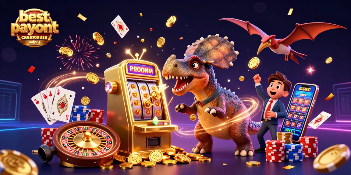 Imagery showcasing the excitement at the best payout casinos usa casinous with cartoon dinosaurs, slots, and vibrant casino elements.