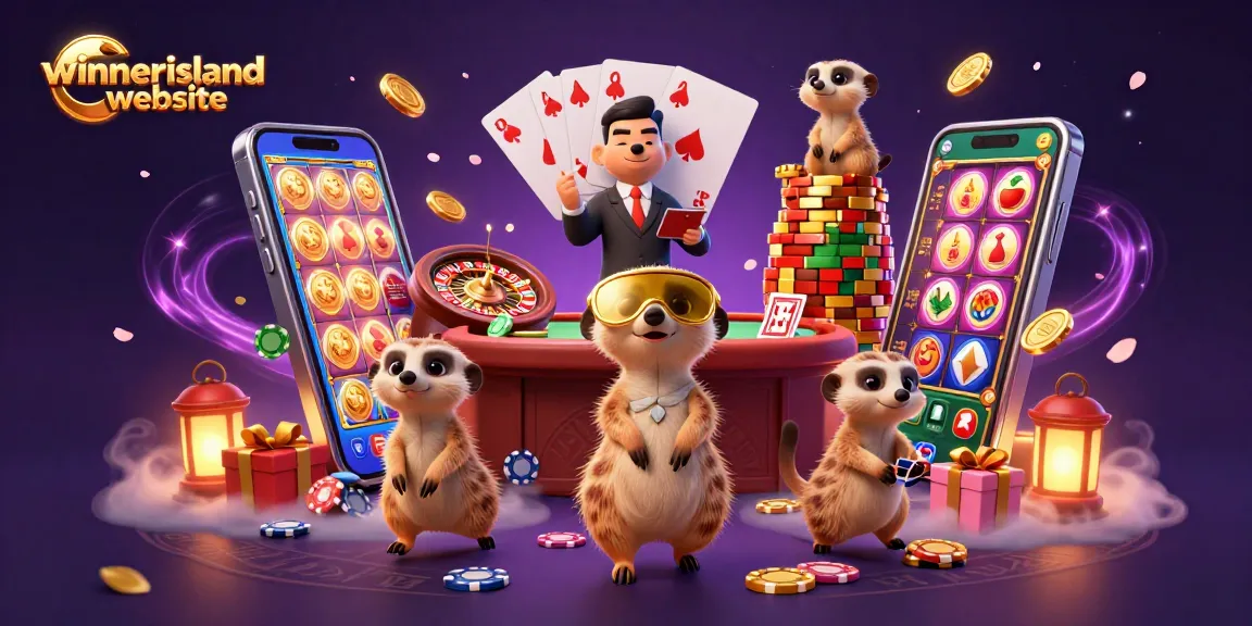 Experience excitement at the winnerisland website with animated meerkats in a vibrant casino scene.