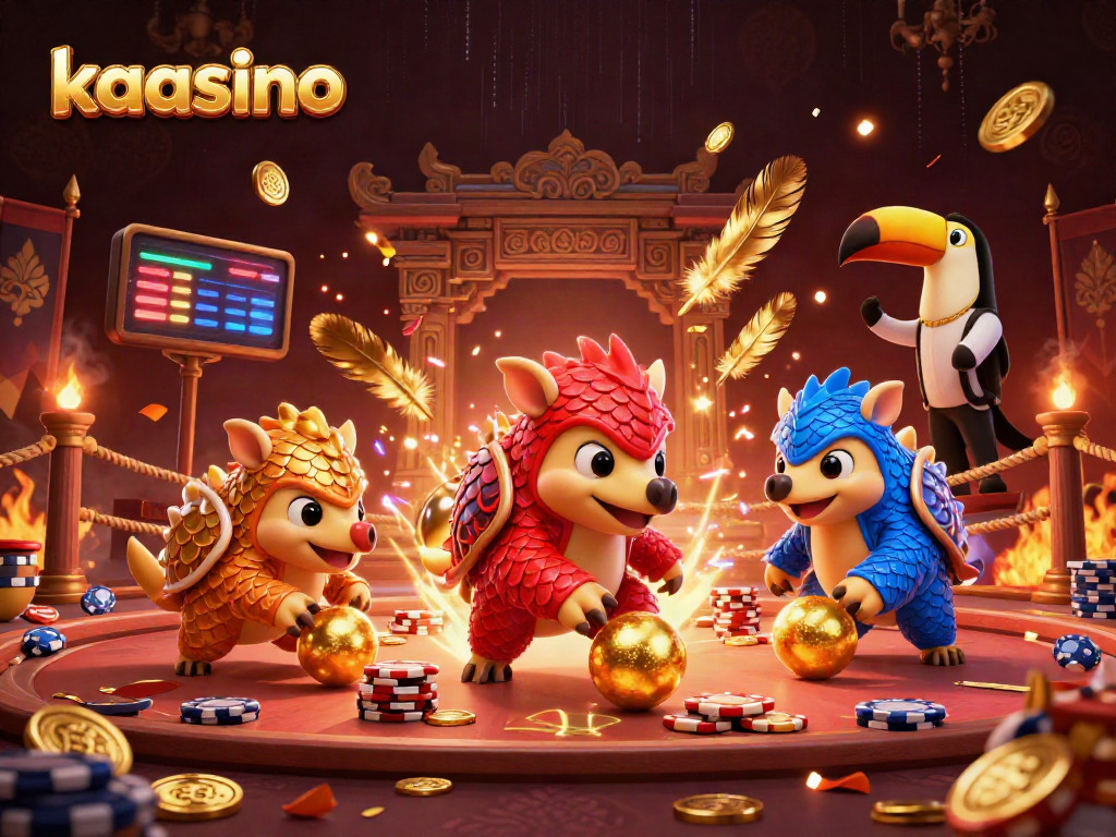 Experience exciting gameplay at kaasino with cartoon pangolins celebrating wins in a dynamic casino scene.