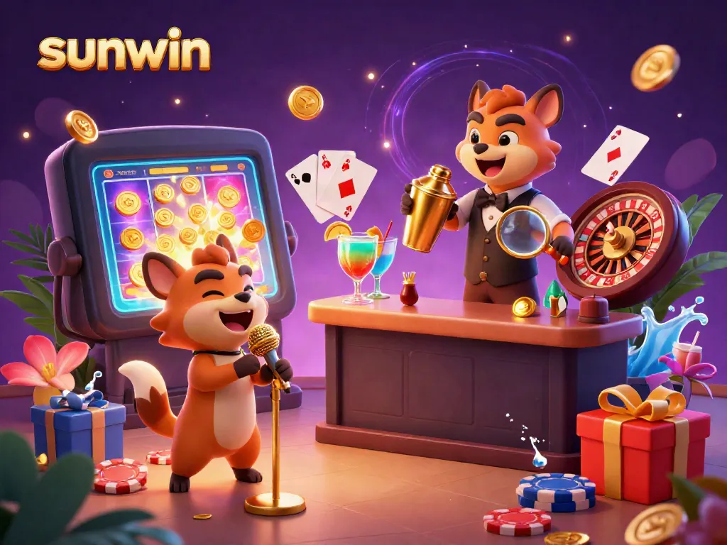 Sunwin hyenas entertain in a vibrant casino scene, featuring games and golden prizes.