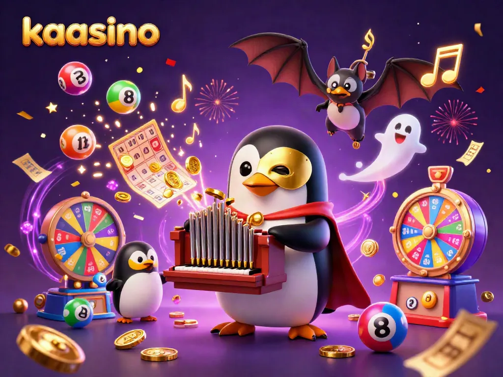 Kaasino transforms gameplay with a dynamic illustration of a phantom penguin and lottery elements in action.