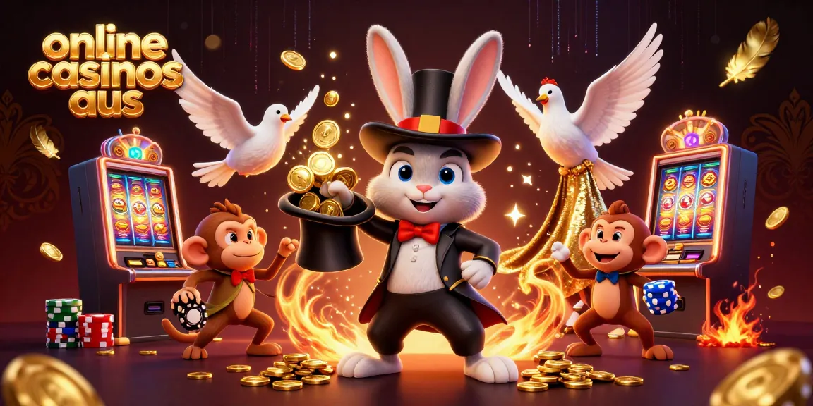 Play exciting games at online casinos aus with a vibrant scene featuring a magician, dove, and monkey.