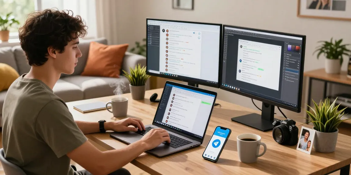 Explore the Telegram Web Version in a modern home office setup with laptops and plants.