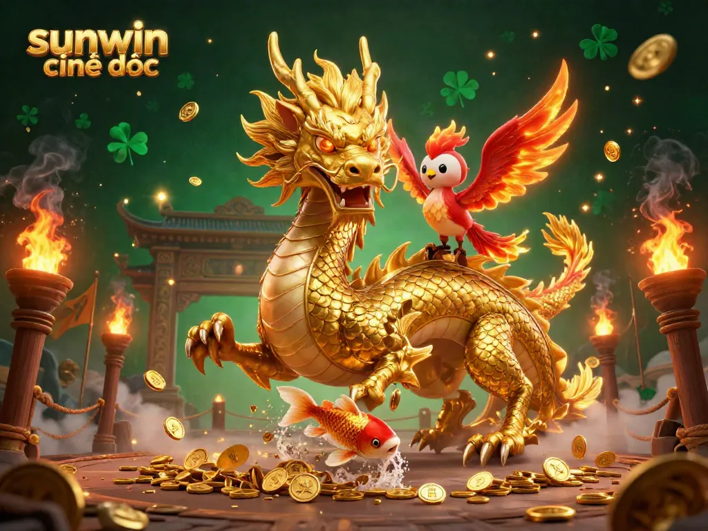 Engage with sunwin chính thức as a golden dragon coils amidst coins, celebrating a vibrant online casino atmosphere.