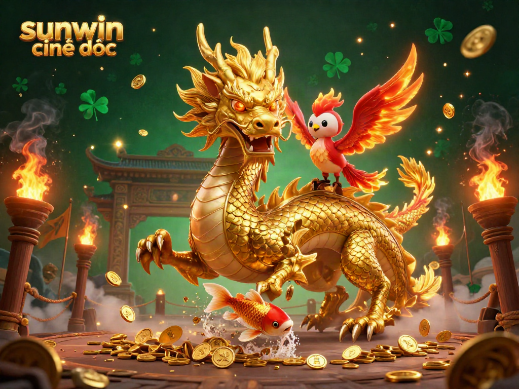 Engage with sunwin chính thức as a golden dragon coils amidst coins, celebrating a vibrant online casino atmosphere.