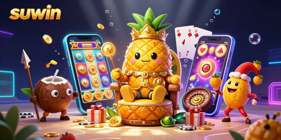 Experience suwin's vibrant casino scene with a golden pineapple king, tropical armor, and rich game elements.