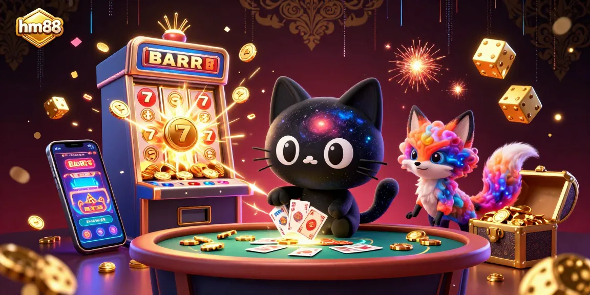 Experience thrilling gameplay at hm88 with a cosmic casino scene featuring a black hole cat and golden jackpots.