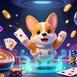 Experience online pokies with a playful astronaut corgi in a vibrant 3D casino scene filled with dynamic gaming elements.